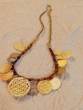 Source Unknown Gold and Cream Carved Disc Necklace with Amber Beads